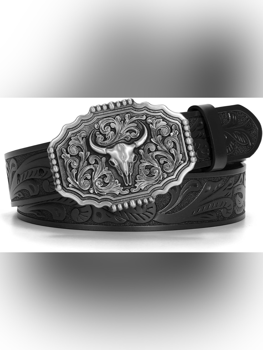 Western Cowboy Bull Head Buckle Belt, Black Silver Embossed Faux Leather 38”